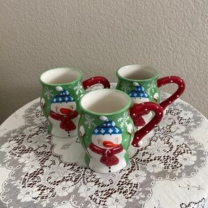 3 Pier 1 Imports Jolly Holiday Snowman Mugs Hand Painted Dolomite Brand New